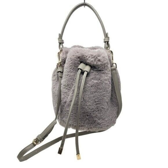 Street Level Handbags - Street Level Plush Faux Fur Grey Bucket Bag Small Crossbody Bag
